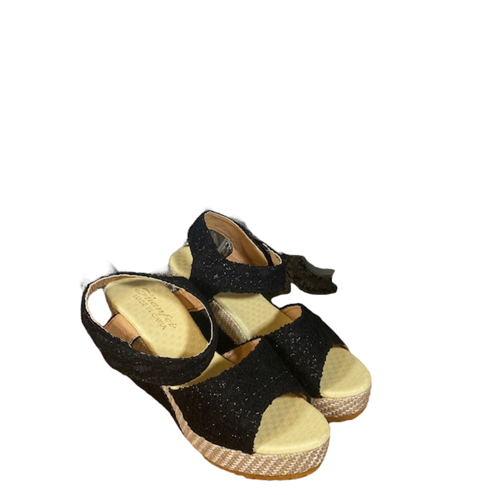 Women’s Metallic Black Wedge Espadrille Sandals Ankle Strap Velcro Size EU 38